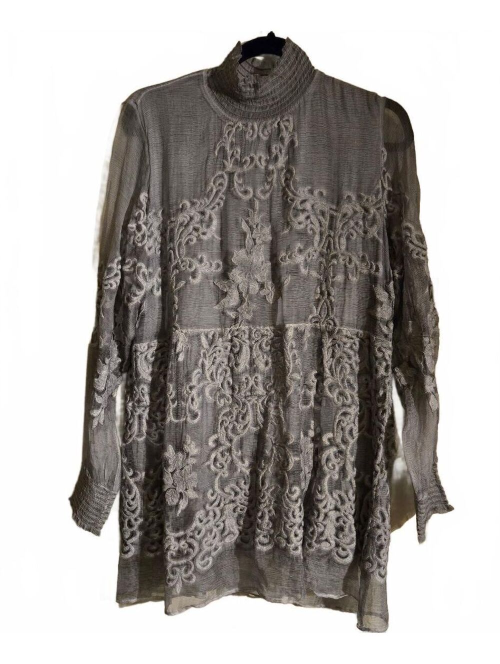 Soft Surroundings Medium Gray Sheer Embroidered Blouse with High Neck